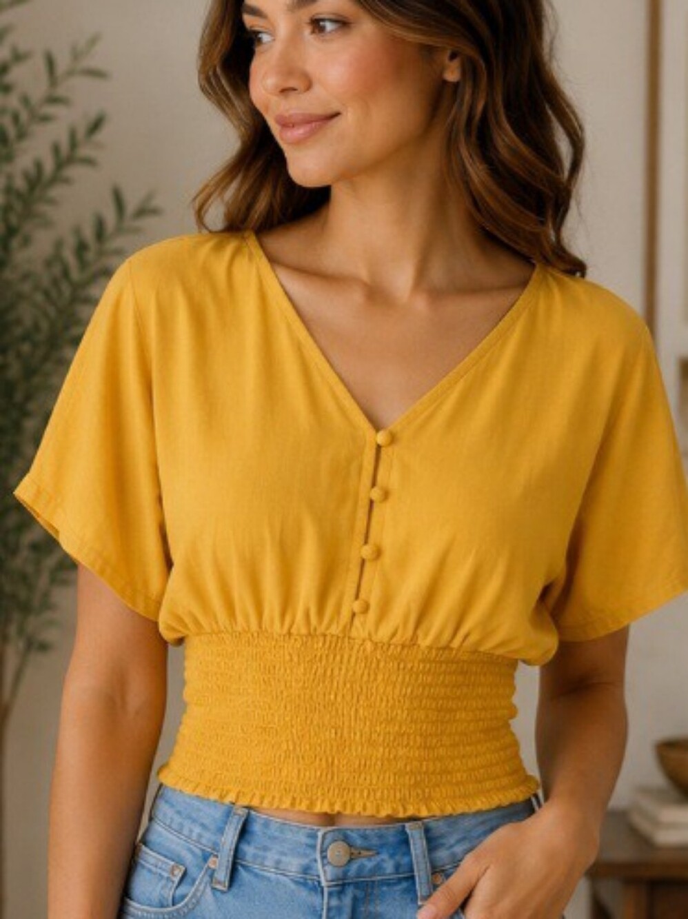 Forever 21 Mustard V-Neck Smocked Crop Top